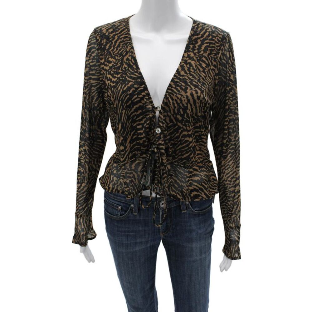 SKATIE Women Black Leopard V-Neck Button Up Long Sleeve Blouse Size XS